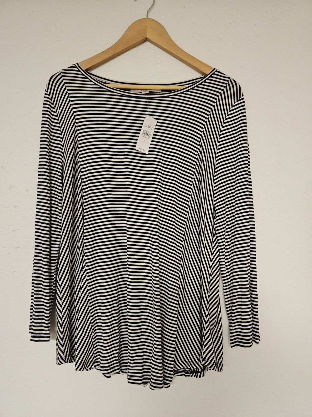 LOFT Black and White Striped Long-Sleeve A-Line Top